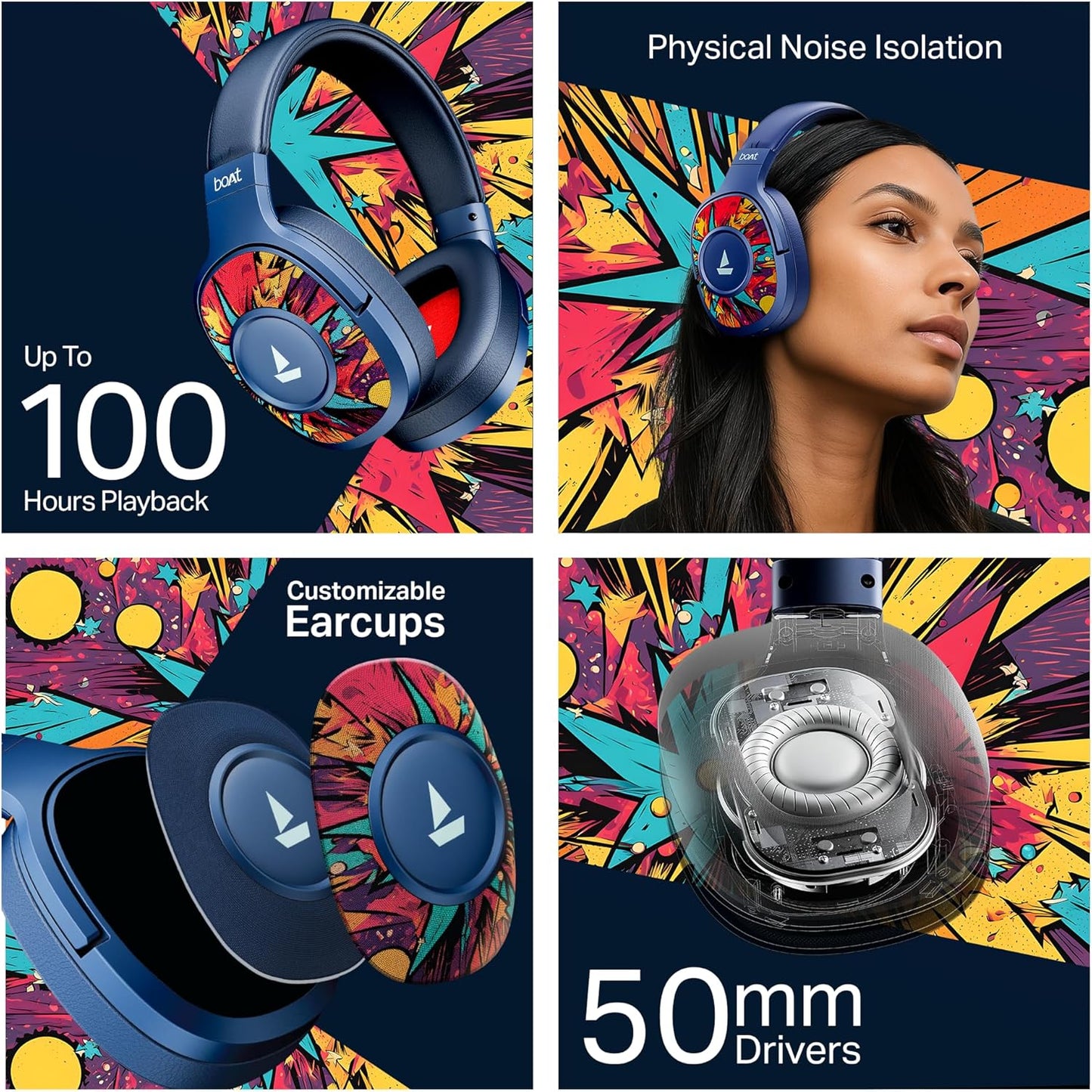 boAt Rockerz 550 Plus Wireless Bluetooth Headphones | 100H Battery, 50mm Drivers, Dual Pairing, Customizable Earcups, App Support for Ad-Free Music(Blue Psyche)