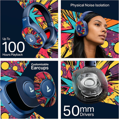 boAt Rockerz 550 Plus Wireless Bluetooth Headphones | 100H Battery, 50mm Drivers, Dual Pairing, Customizable Earcups, App Support for Ad-Free Music(Blue Psyche)