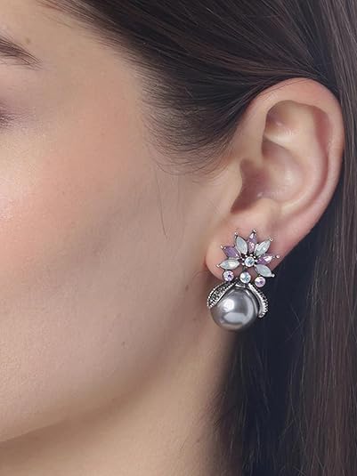 YouBella Crystal Silver Plated Stud Grey Earrings for Girl's and Women's