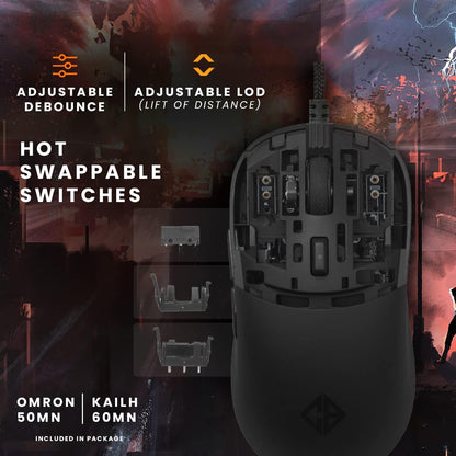 Cosmic Byte Kilonova 3370IC PRO X-Light Wired Gaming Mouse, 65 Grams, Pixart 3370 Sensor, DIY Hot-swappable Switches, 0.8MM PTFE feet, Adjustable Debounce Rate, Adjustable LOD,Software (Black)