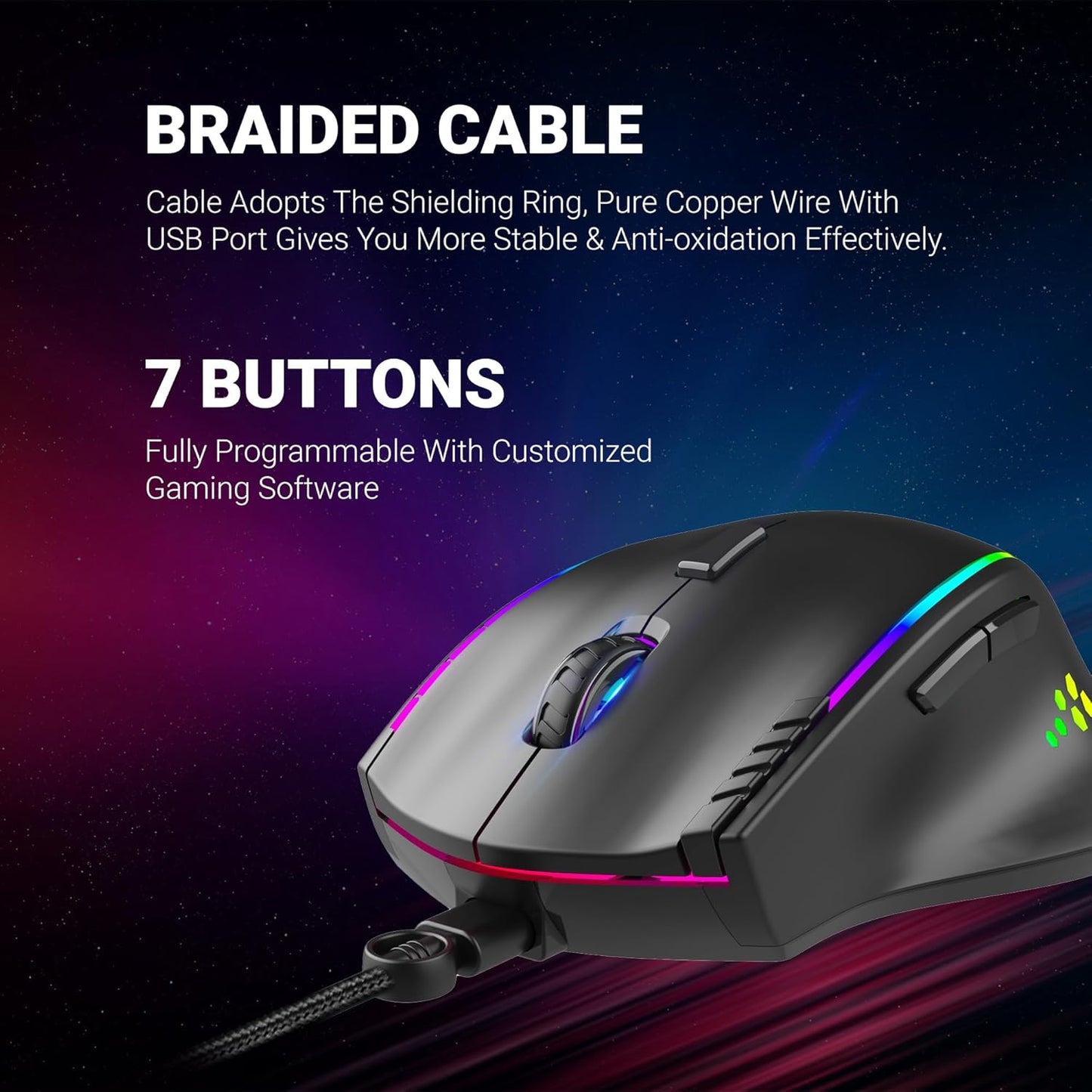 Ant Esports GM600 RGB Wired Programmable Gaming Mouse 7200 DPI Optical Sensor HUANO Mouse Switches 7-Button Design with Macros Support