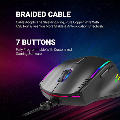 Ant Esports GM600 RGB Wired Programmable Gaming Mouse 7200 DPI Optical Sensor HUANO Mouse Switches 7-Button Design with Macros Support