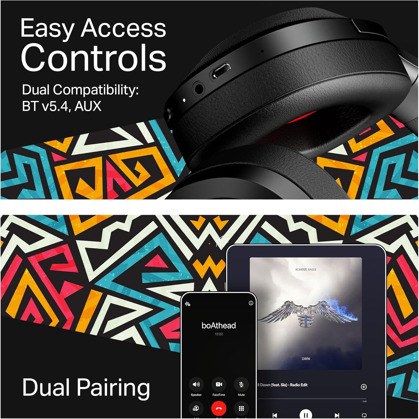 boAt Rockerz 550 Plus Wireless Bluetooth Headphones | 100H Battery, 50mm Drivers, Dual Pairing, Customizable Earcups, App Support for Ad-Free Music, Over-Ear(Black Psyche)