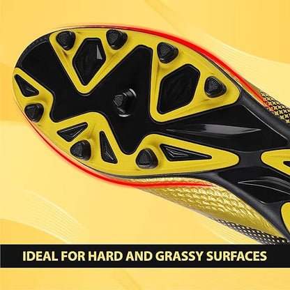 Nivia Ashtang Football Shoes (Black/Gold, 9 UK/ 10 US / 43 EU) | Synthetic Leather | PVC sole | Lace-Fastening | Padded Footbed