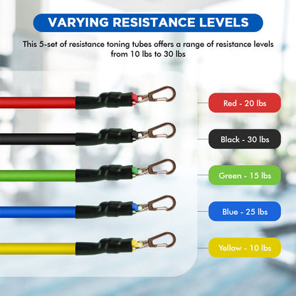 Endless EL1043 Toning Tubes Set of 5 with Different Resistance Levels | Multi Colour | Material : Natural Latex | With Door Anchor, Handles, Waterproof Carry Bag, Leg Ankle Straps for Men and Women