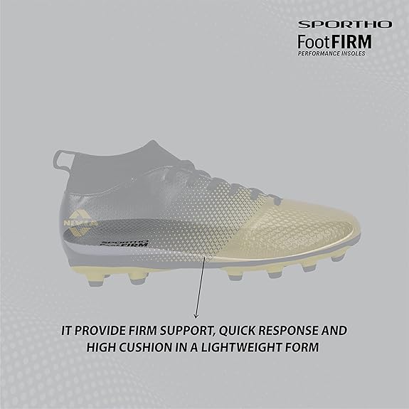 Nivia Ashtang Football Shoes (Black/Gold, 9 UK/ 10 US / 43 EU) | Synthetic Leather | PVC sole | Lace-Fastening | Padded Footbed