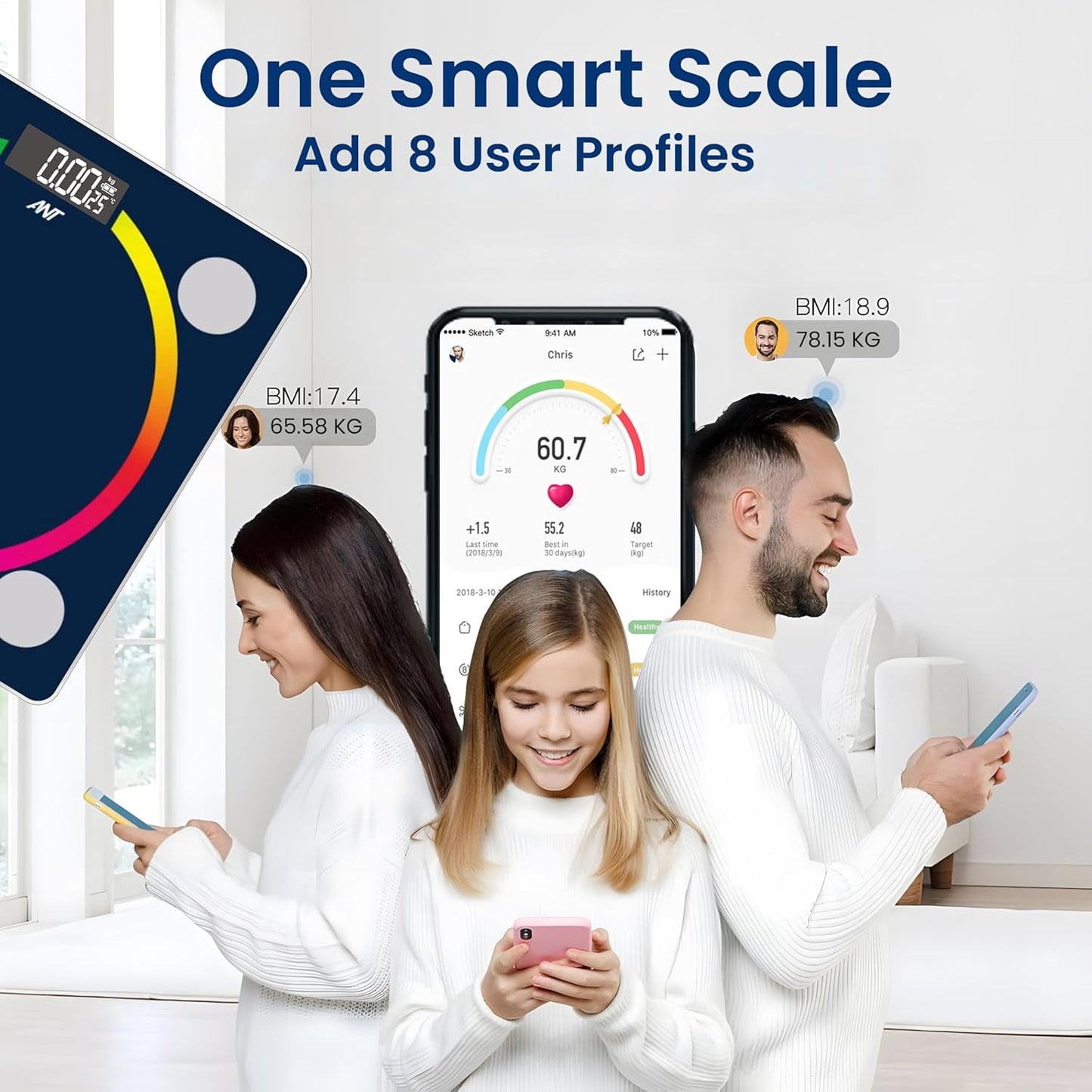 Ant Esports Flora Smart Scale for Body Weight and Fat, Digital Bathroom Scale Accurate to 0.1kg Weighing Machine for People’s Muscle BMI, Bluetooth Electronic Body Composition Monitor, 180Kg – Black