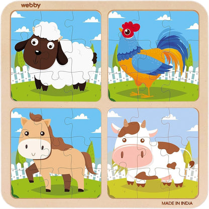 Webby 4-in-1 Educational Wooden Puzzle Set for Kids – 36 Pieces Learning Toy with Wild Animals, Farm Animals & Dinosaurs | Fun Montessori Gift for 3+ Years pack of 3
