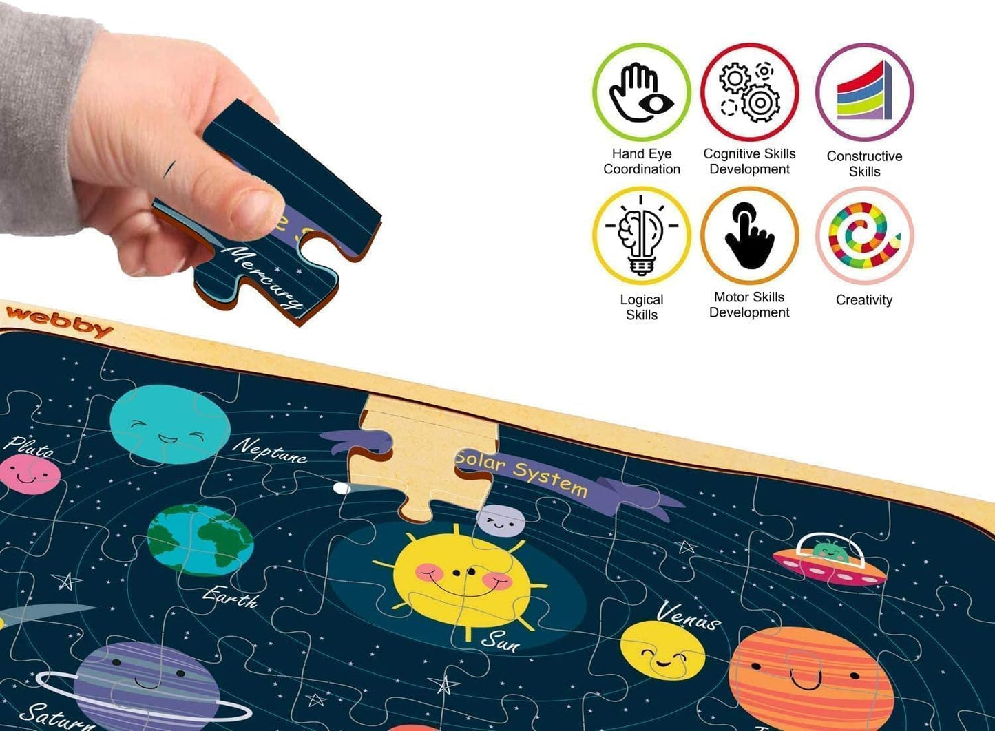 Webby Wooden Floor Puzzles for Kids – Explore Solar System, Amazing Bugs & Dinosaurs in Jungle | 40 Pcs Educational Learning Toy for 3+ Years pack of 3