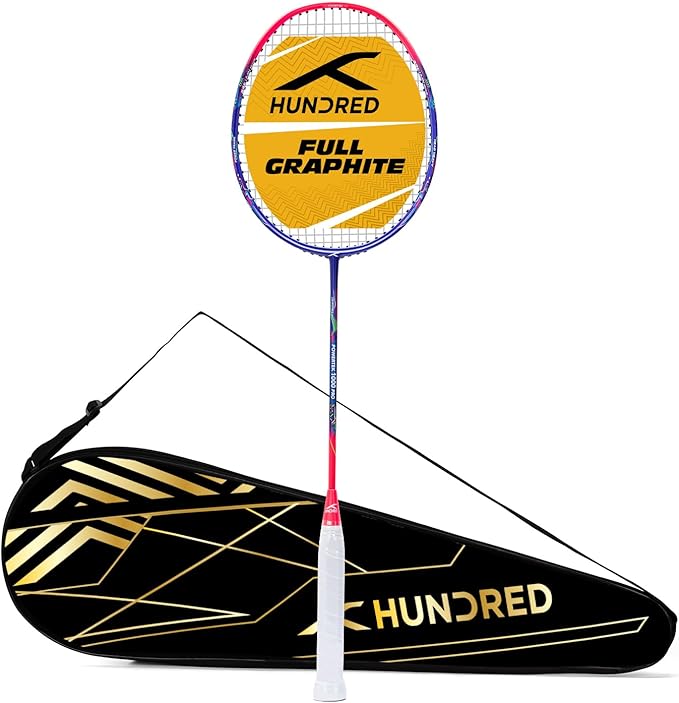 HUNDRED Powertek 1000 PRO Graphite Strung Badminton Racket with Full Racket Cover | for Intermediate Players | 95 Grams | Maximum String Tension - 26lbs