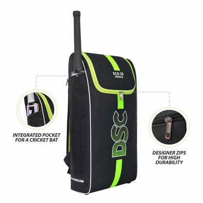 DSC ECO 20 Duffle Cricket Kit Bags | Color: Black-Green | Size: Material: Polyester | Foam Padding for Gear Protection | Mesh Pocket for Accessory Cricket Gear Sports Bag with Wheels