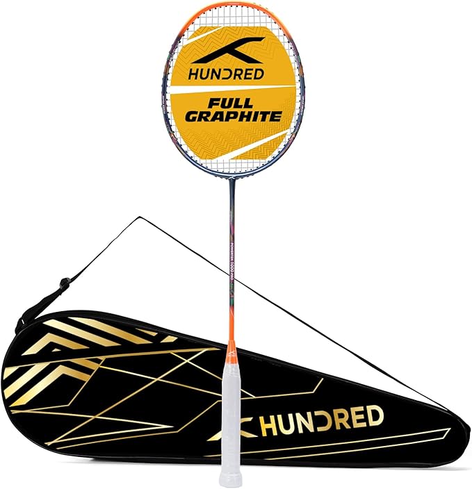 HUNDRED Powertek 1000 PRO Graphite Strung Badminton Racket with Full Racket Cover | for Intermediate Players | 95 Grams | Maximum String Tension - 26lbs