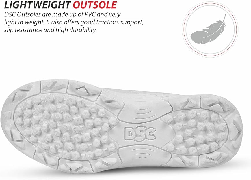 DSC Rigor X Cricket Shoes | Color: White & Red | For Mens & Boys | Material: Ethylene Vinyl Acetate, Polyvinyl Chloride | Lightweight | Breathable Mesh