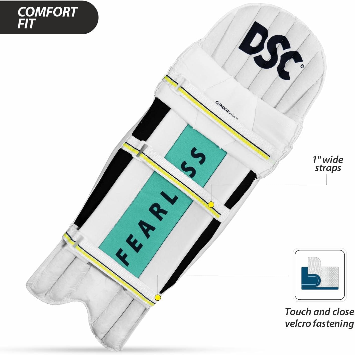 DSC Condor Atmos Leather Cricket Batting Legguard for Mens/Youth (White/Sky Blue, Size-Mens RH) | Material-Leather | Batting Pads | Support | Leg Cover | Protection & Comfort | Waterproof