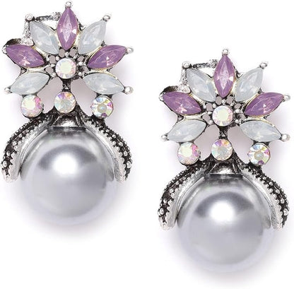 YouBella Crystal Silver Plated Stud Grey Earrings for Girl's and Women's