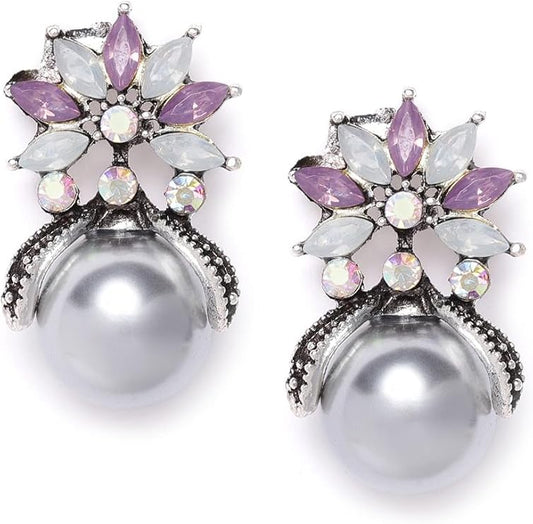 YouBella Crystal Silver Plated Stud Grey Earrings for Girl's and Women's