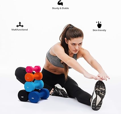 Colorful neoprene dumbbell set ideal for aerobic fitness, strength training, weight lifting, and physical therapy