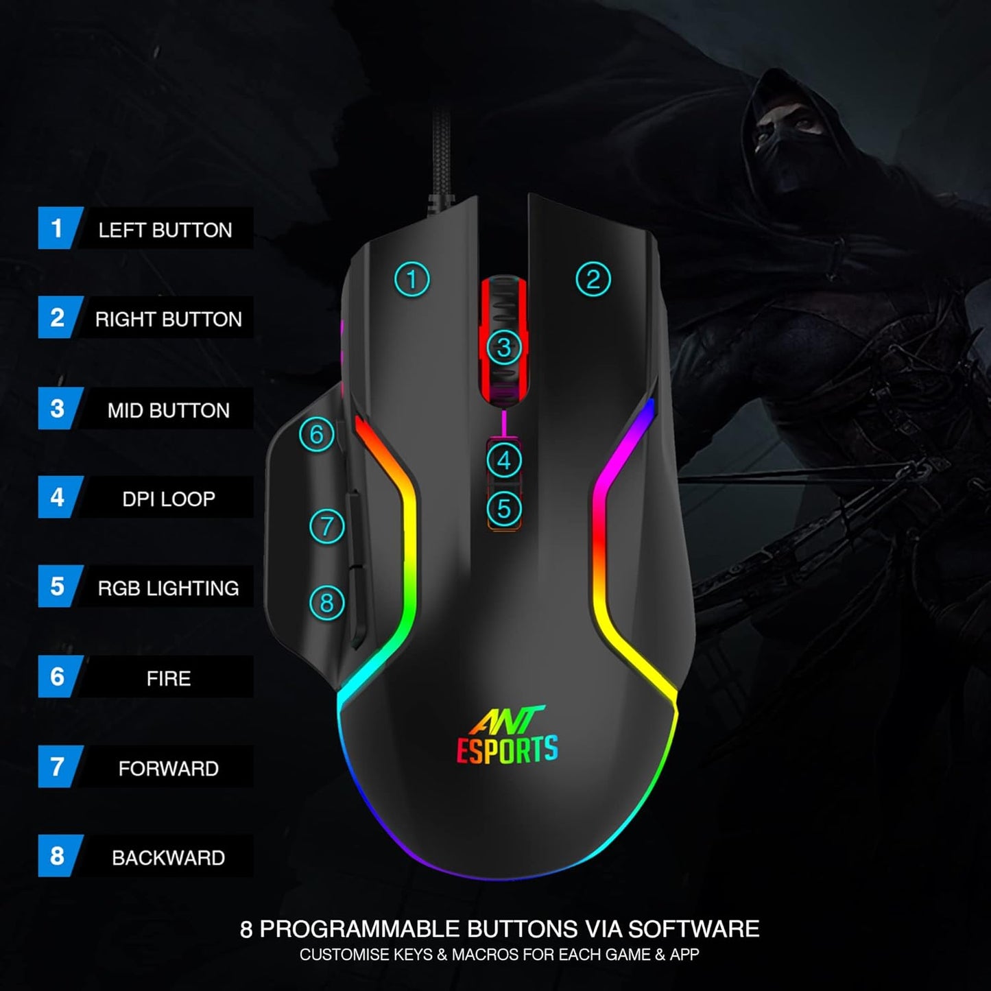 Ant Esports GM320 RGB Optical Wired Gaming Mouse | Ambidextrous Design | 8 Programmable Buttons | Adjustable DPI up to 12800 | RGB Lighting | Rapid-Fire Button