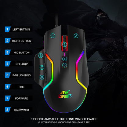 Ant Esports GM320 RGB Optical Wired Gaming Mouse | Ambidextrous Design | 8 Programmable Buttons | Adjustable DPI up to 12800 | RGB Lighting | Rapid-Fire Button