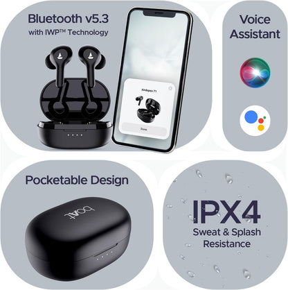 boAt Newly Launched Airdopes 71 TWS Earbuds with 40 Hours Playtime, Dual Mics with ENxTM, ASAPᵀᴹ Charge, IWPᵀᴹ, BEASTᵀᴹ Mode with 50 ms Low Latency, IPX4 & Pocketable ID(Active Black)