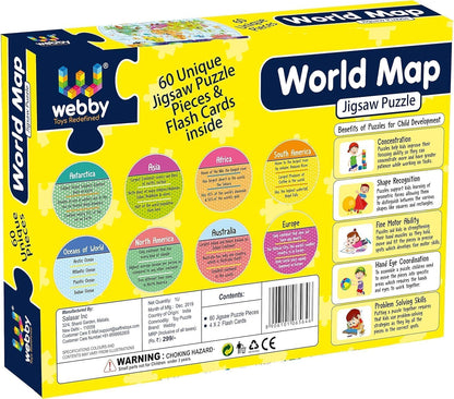 Webby 60-Piece Wooden Jigsaw Floor Puzzle Set with Flashcards – Solar System & World Map Learning Toys for Kids | Educational Gift for 3+ Years pack of 2