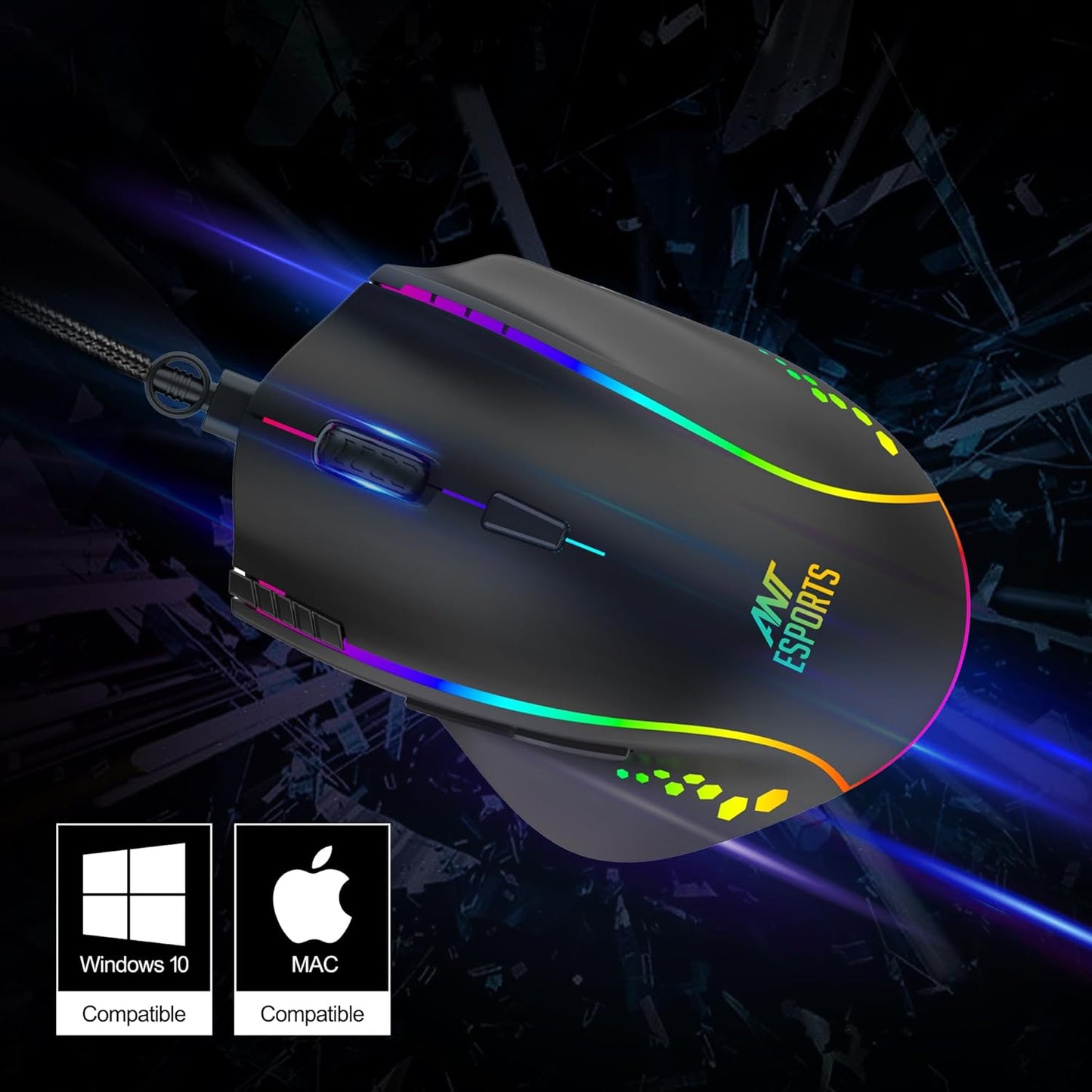 Ant Esports GM600 RGB Wired Programmable Gaming Mouse 7200 DPI Optical Sensor HUANO Mouse Switches 7-Button Design with Macros Support