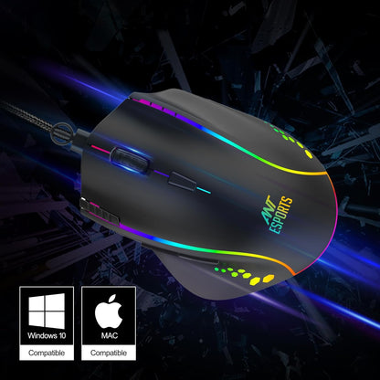 Ant Esports GM600 RGB Wired Programmable Gaming Mouse 7200 DPI Optical Sensor HUANO Mouse Switches 7-Button Design with Macros Support