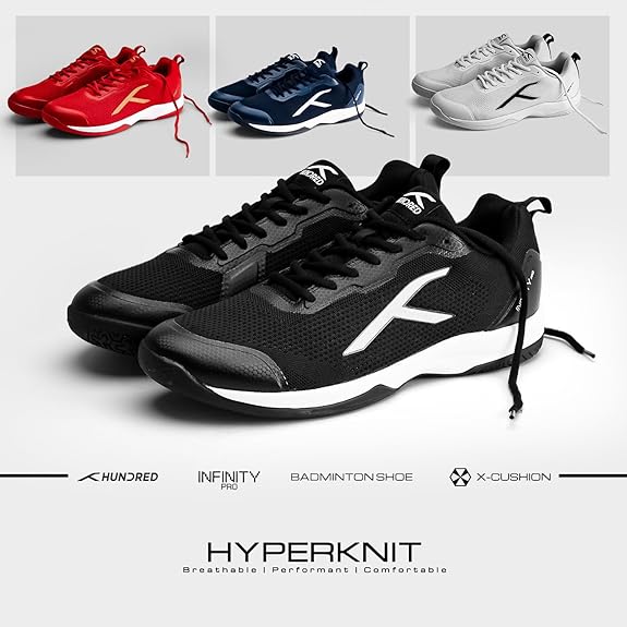 HUNDRED Infinity Pro Non-Marking Professional Badminton Shoe for Men (Black/White, EU 41/UK 7/US 8) | Material: Polyester/Mesh | Suitable for Indoor Tennis/Squash/Table Tennis/Basketball & Padel