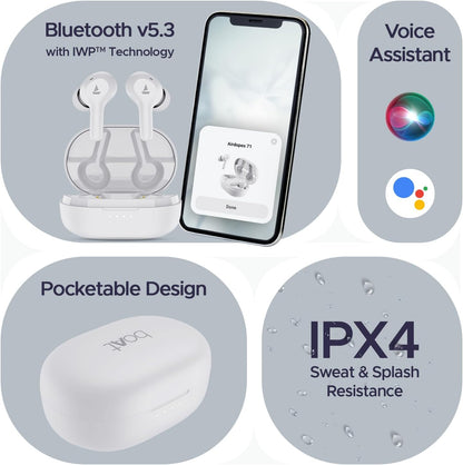 boAt Newly Launched Airdopes 71 TWS Earbuds with 40 Hours Playtime, Dual Mics with ENxTM, ASAPᵀᴹ Charge, IWPᵀᴹ, BEASTᵀᴹ Mode with 50 ms Low Latency, IPX4 & Pocketable ID(Frost White)