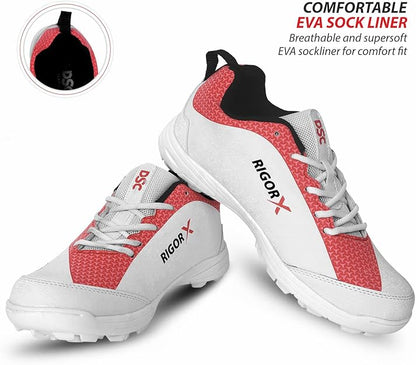 DSC Rigor X Cricket Shoes | Color: White & Red | For Mens & Boys | Material: Ethylene Vinyl Acetate, Polyvinyl Chloride | Lightweight | Breathable Mesh