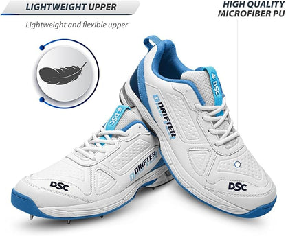 DSC Drifter Cricket Shoes | Color: White & Blue | For Mens & Boys | Material: Polyurethane | Rubber Outsole with Metal Spikes | Lightweight &  Breathable Mesh