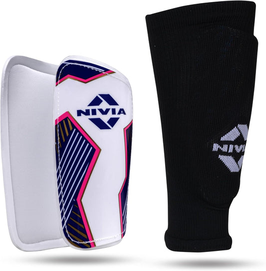 Nivia Classic Shin Guards with Sleeves for Youth and Adults (Medium) | for Football Games Matches, Training, Basketball, Baseball, Cycling | Light Weight & Breathable with Lycra Sleeves