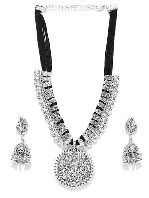 YouBella Antique German Silver Oxidised Plated Tribal Necklace Jewellery Set | With Earrings | Silver | Material: Brass | Fashionable Artificial Jewellery | For Women & Girls | Long Lasting Finish