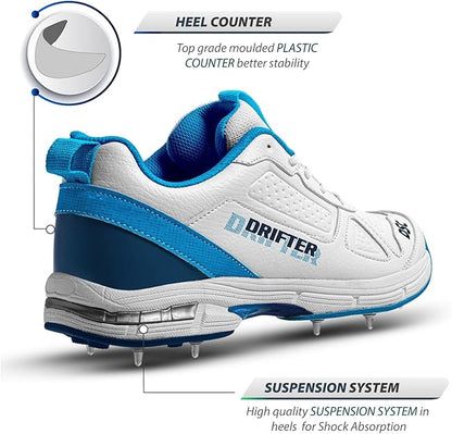 DSC Drifter Cricket Shoes | Color: White & Blue | For Mens & Boys | Material: Polyurethane | Rubber Outsole with Metal Spikes | Lightweight &  Breathable Mesh