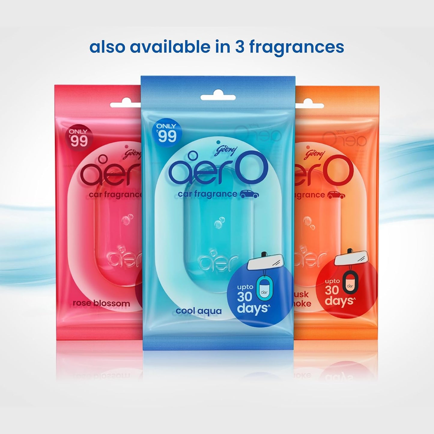 Godrej Aer O Hanging Car Air Freshener | Assorted Pack of 3 | Cool Aqua, Must After Smoke, Rose Blossom