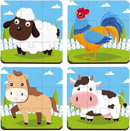 Webby 4-in-1 Educational Wooden Puzzle Set for Kids – 36 Pieces Learning Toy with Wild Animals, Farm Animals & Dinosaurs | Fun Montessori Gift for 3+ Years pack of 3