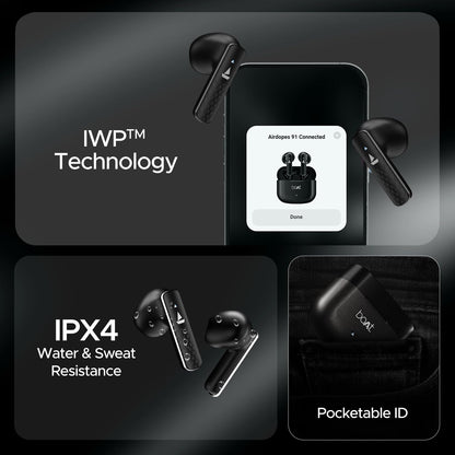boAt Airdopes 91 Prime, 45HRS Battery, 13 mm Drivers, Metallic Finish, Low Latency,ENx Tech, Fast Charge, v5.3 Bluetooth TWS in Ear Earbuds Wireless Earphones with mic (Midnight Black)