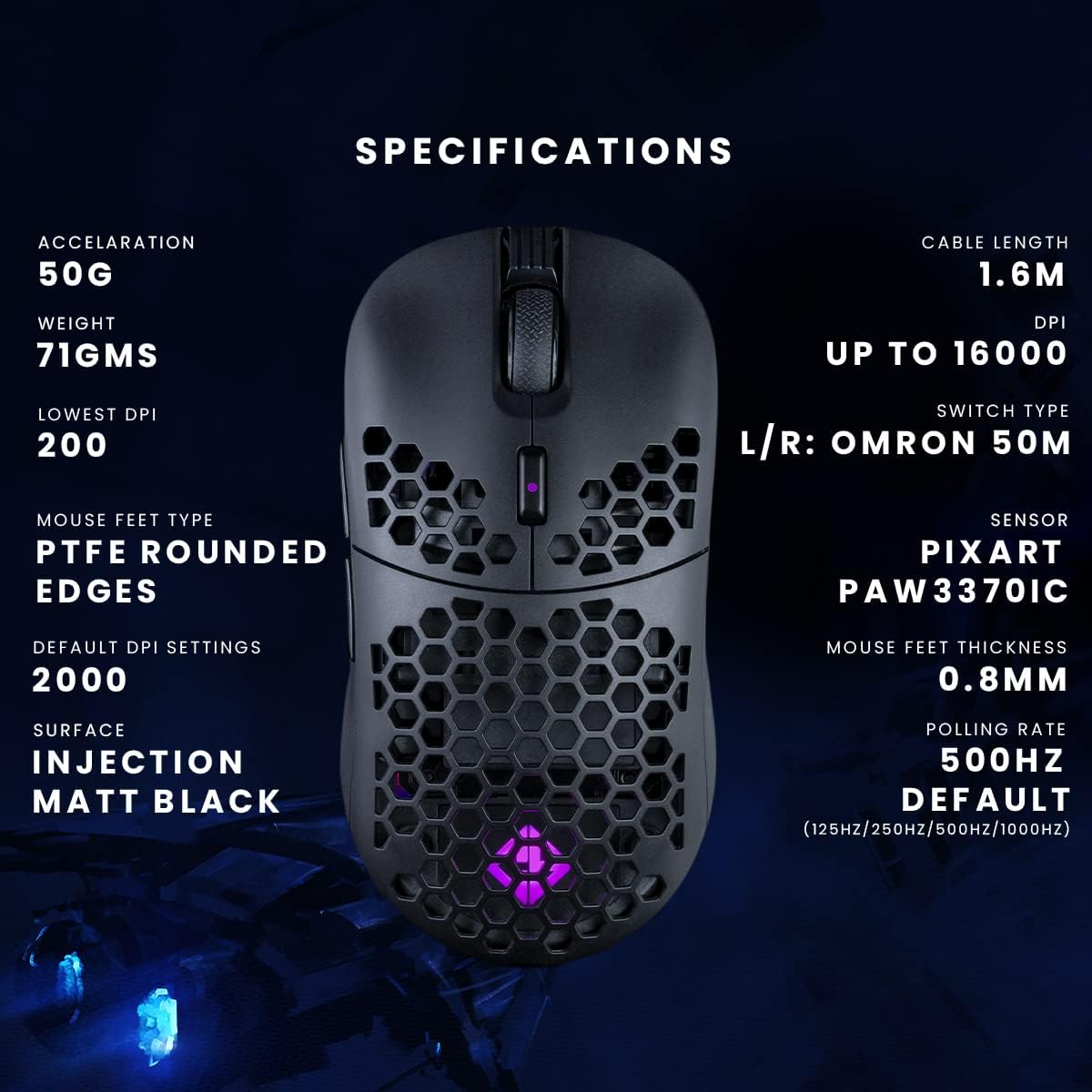 Cosmic Byte Kilonova 3370IC PRO X-Light Wireless Gaming Mouse, 71 Grams Lightweight, Pixart 3370 Sensor, DIY Hot-swappable Switches, 0.8MM PTFE feet (Black)