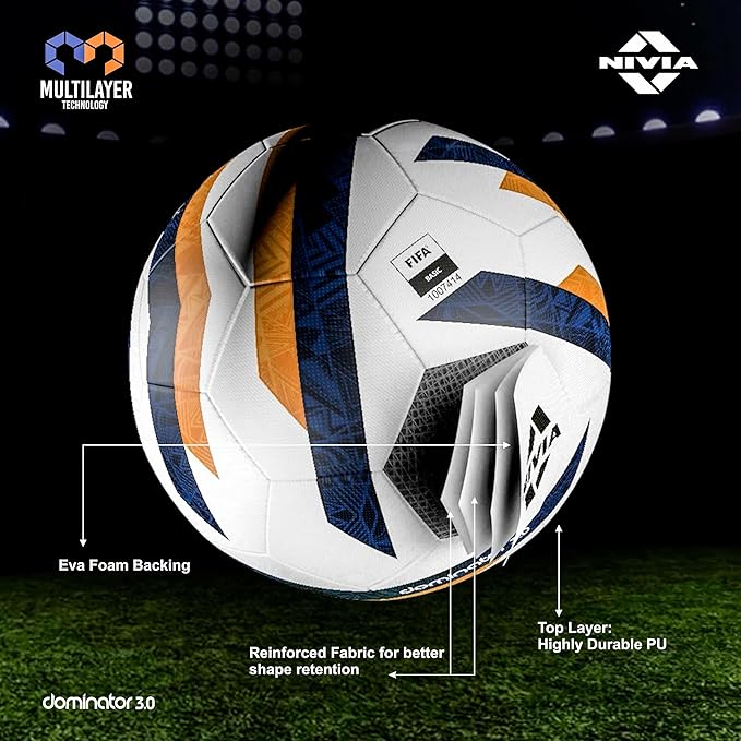 NIVIA Dominator 3.0 Football (Multicolour, Size 5) | Machine Stitched | 32 Panel | Thermobonded | Soccer Ball | Butyl Bladder Core