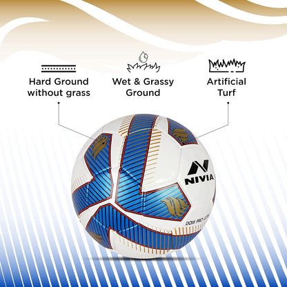 NIVIA Dom Football | Material: ‎Polyvinyl Chloride (PVC) | Inflating Needle | Air Retention | 32 Panel | Suitable For Grassy Grounds | For Men and Women | Futsal Ball (Blue) Size-5