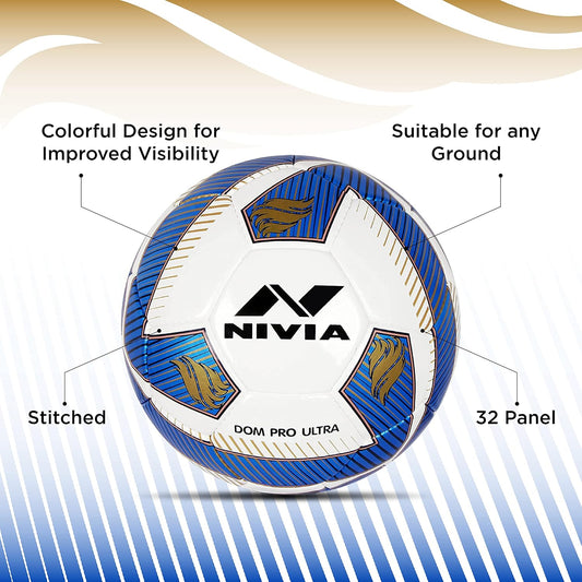 NIVIA Dom Football | Material: ‎Polyvinyl Chloride (PVC) | Inflating Needle | Air Retention | 32 Panel | Suitable For Grassy Grounds | For Men and Women | Futsal Ball (Blue) Size-5