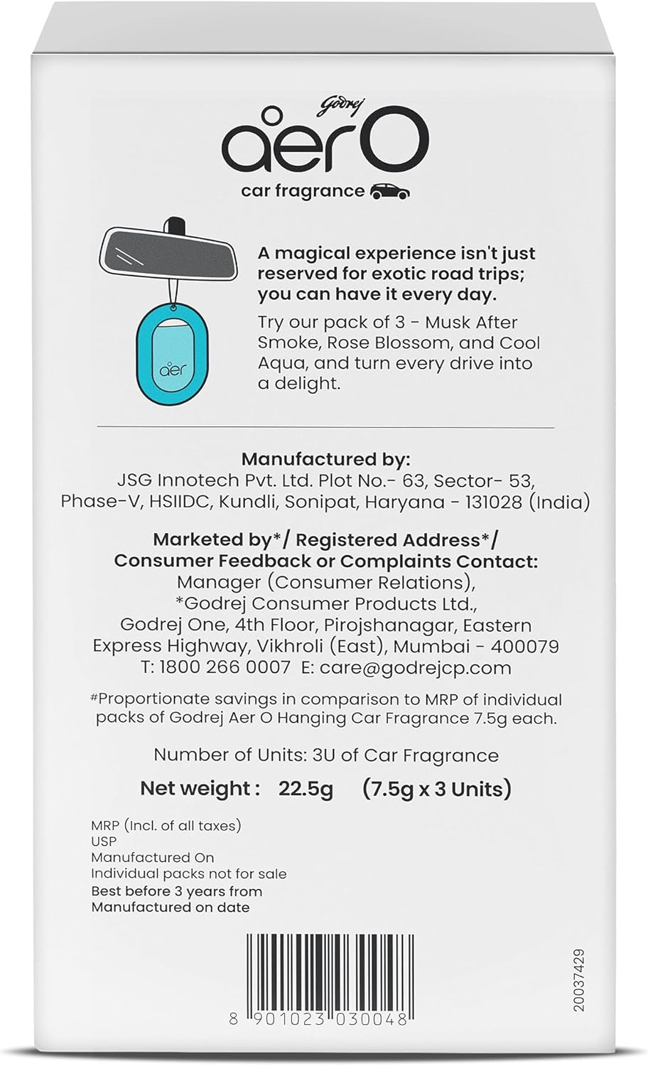 Godrej Aer O Hanging Car Air Freshener | Assorted Pack of 3 | Cool Aqua, Must After Smoke, Rose Blossom