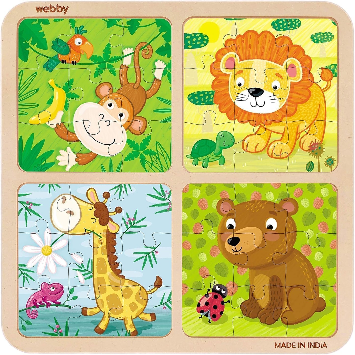Webby 4-in-1 Educational Wooden Puzzle Set for Kids – 36 Pieces Learning Toy with Wild Animals, Farm Animals & Dinosaurs | Fun Montessori Gift for 3+ Years pack of 3