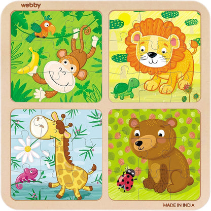 Webby 4-in-1 Educational Wooden Puzzle Set for Kids – 36 Pieces Learning Toy with Wild Animals, Farm Animals & Dinosaurs | Fun Montessori Gift for 3+ Years pack of 3
