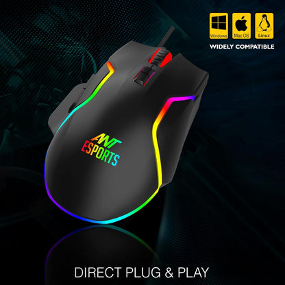 Ant Esports GM320 RGB Optical Wired Gaming Mouse | Ambidextrous Design | 8 Programmable Buttons | Adjustable DPI up to 12800 | RGB Lighting | Rapid-Fire Button
