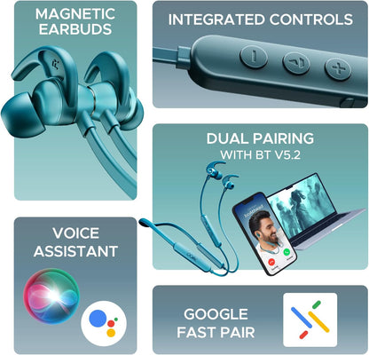 boAt Rockerz 255 Pro+, 60HRS Battery, Fast Charge, IPX7, Dual Pairing, Low Latency, Magnetic Earbuds, in Ear Bluetooth Neckband, Wireless with Mic Earphones (Teal Green)