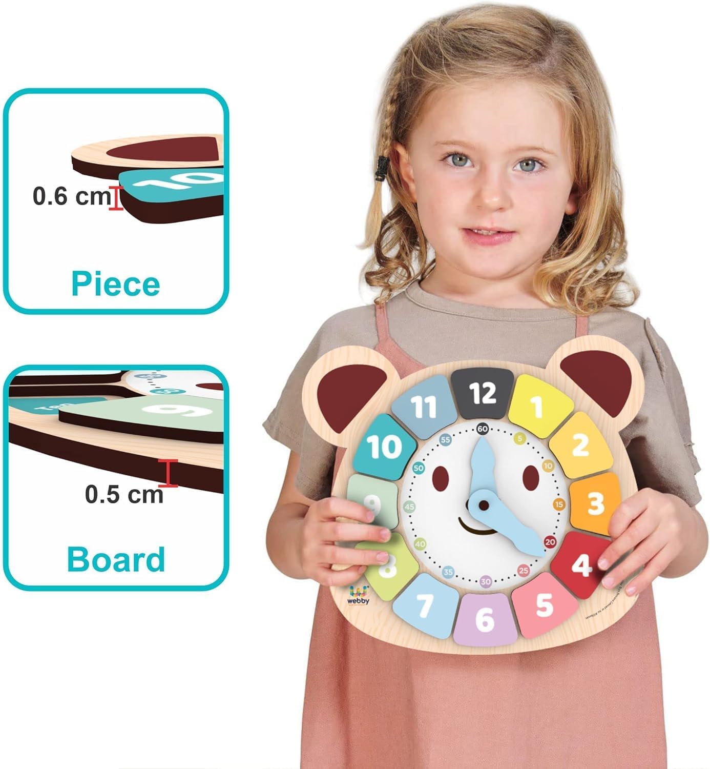 Webby Wooden Educational Learning Clock Toys for Kids – Teach Time, Shapes & Colours | Montessori Early Learning Toy | Fun Educational Gift for Toddlers & Preschoolers pack of 2