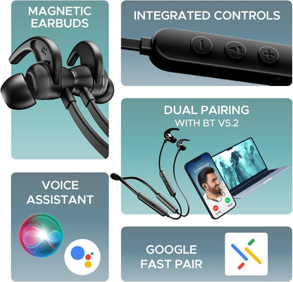 boAt Rockerz 255 Pro+, 60HRS Battery, Fast Charge, IPX7, Dual Pairing, Low Latency, Magnetic Earbuds, in Ear Bluetooth Neckband, Wireless with Mic Earphones (Active Black)
