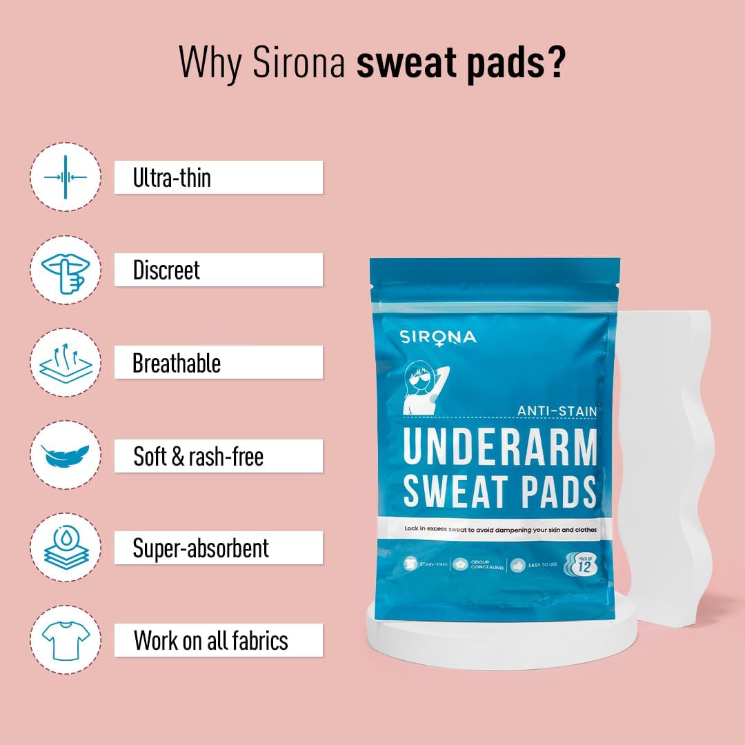 Sirona Disposable Underarm Sweat Pads | Ultra-Thin, Soft & Rash-Free Antiperspirant Shields | Absorbent Odour Blocker, Stain-Free Protection | Ideal for Hyperhidrosis | Pack of 24 Pads