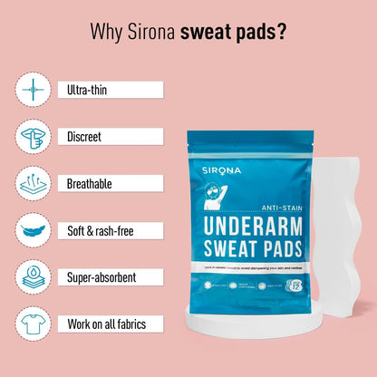 Sirona Disposable Underarm Sweat Pads | Ultra-Thin, Soft & Rash-Free Antiperspirant Shields | Absorbent Odour Blocker, Stain-Free Protection | Ideal for Hyperhidrosis | Pack of 24 Pads